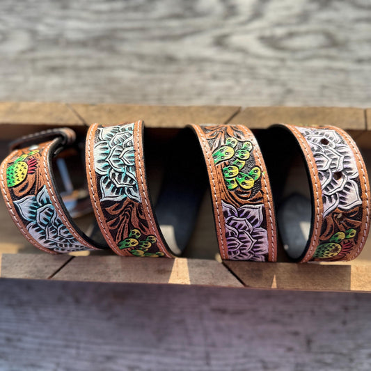 Genuine Leather Western Belt with tooled Succulent Cactus Flowers by Double B Wild Rags