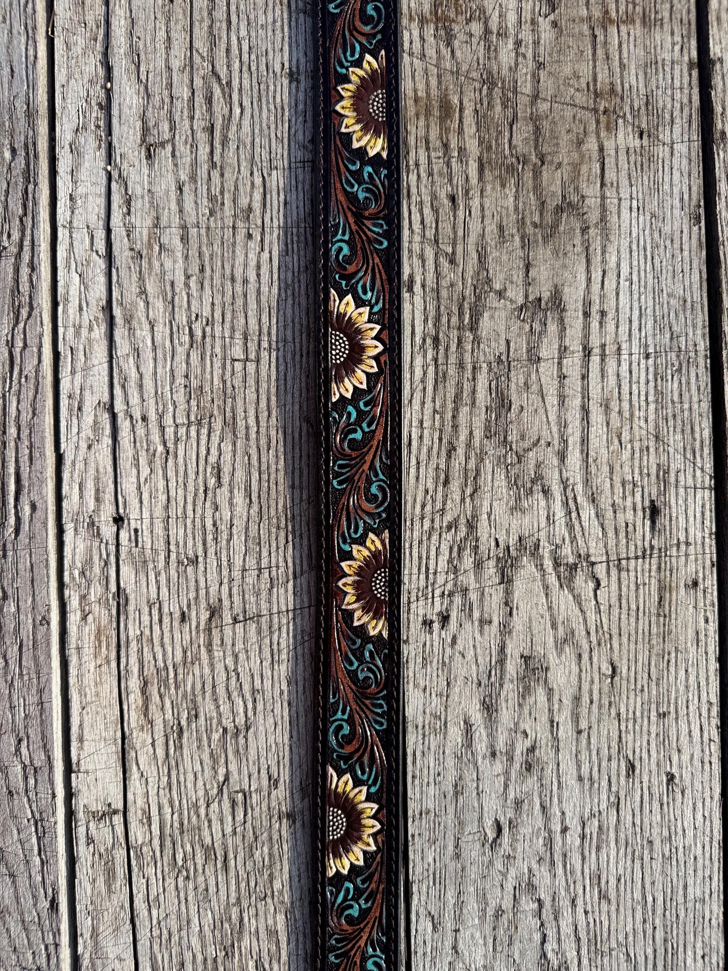 Genuine Leather Western Belt with dark tooled sunflowers and turquoise by Double B Wild Rags