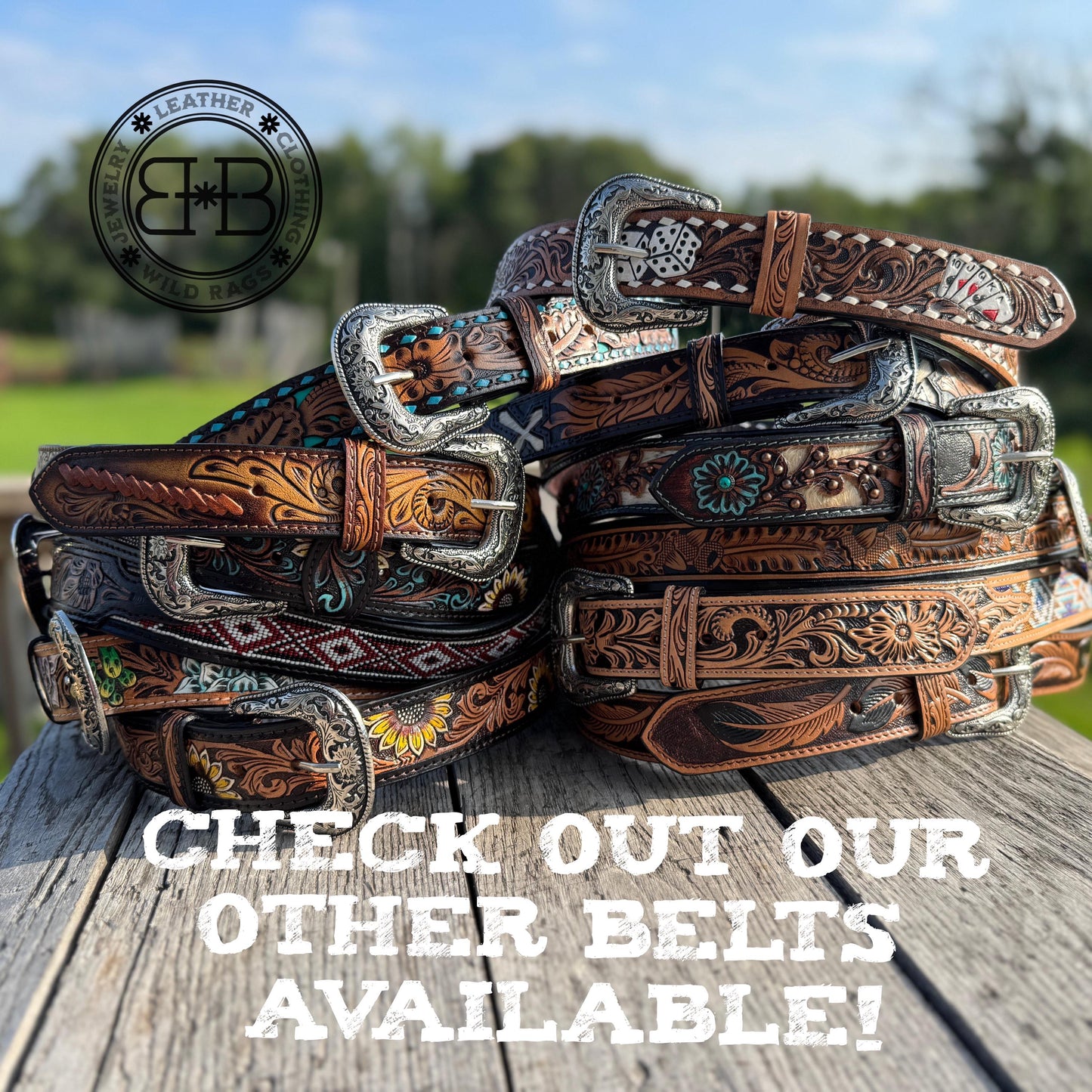 Genuine Leather Western Belt with tooled leaf acorn details by Double B Wild Rags