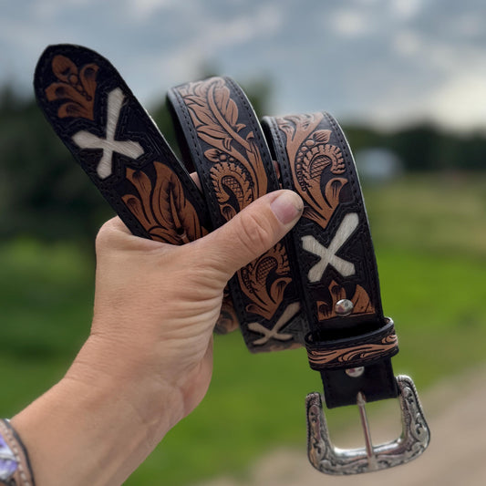 Genuine Leather Western Belt with tooled feathers and Cross cut outs by Double B Wild Rags