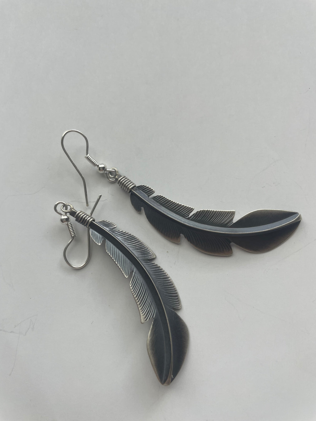 Handcrafted Sterling Silver Feather Dangle Earrings Signed Billy Long