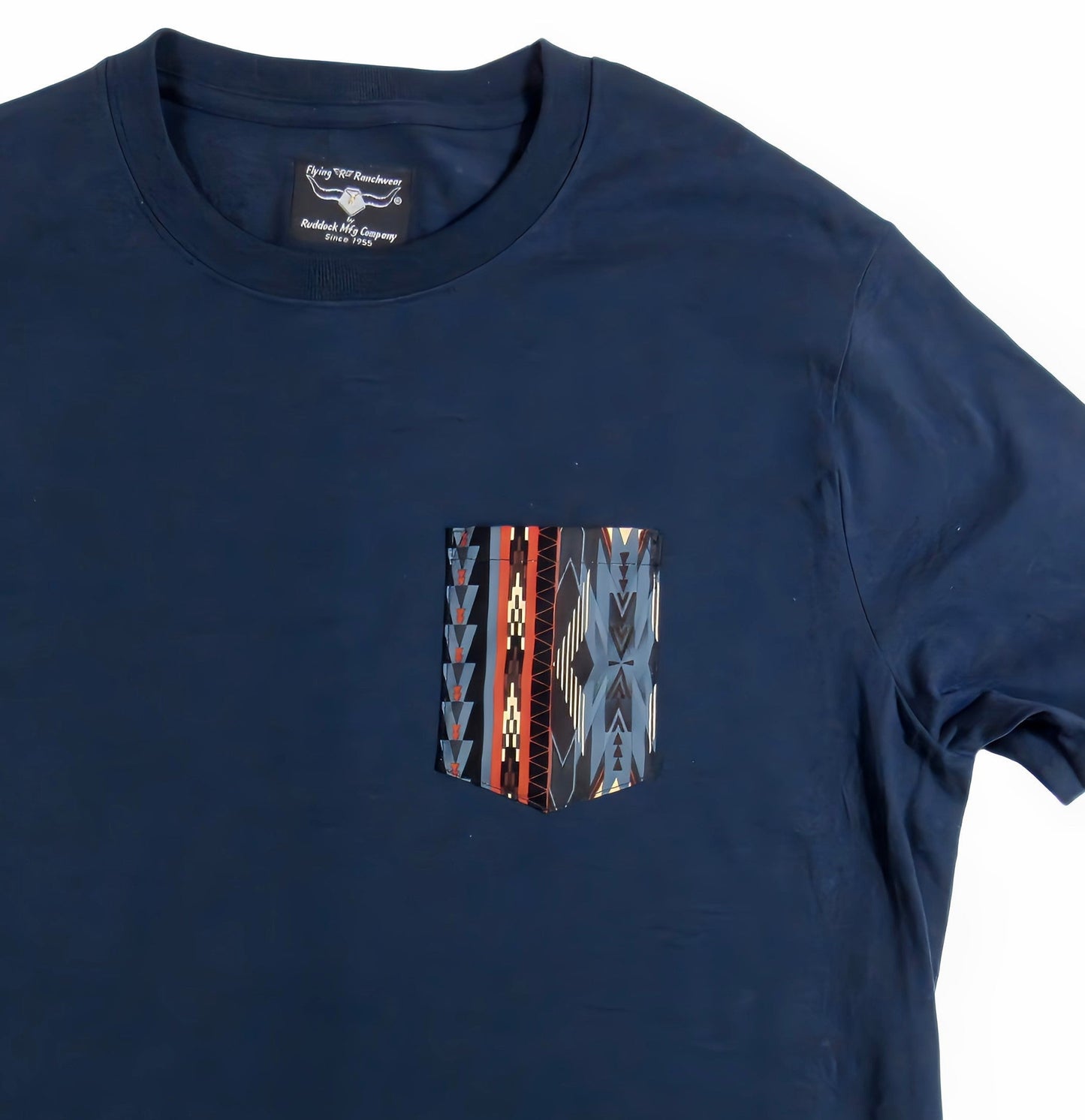 Flying R Ranchwear - Southwest Stripe Print - Navy Pocket T-shirt - Made in USA