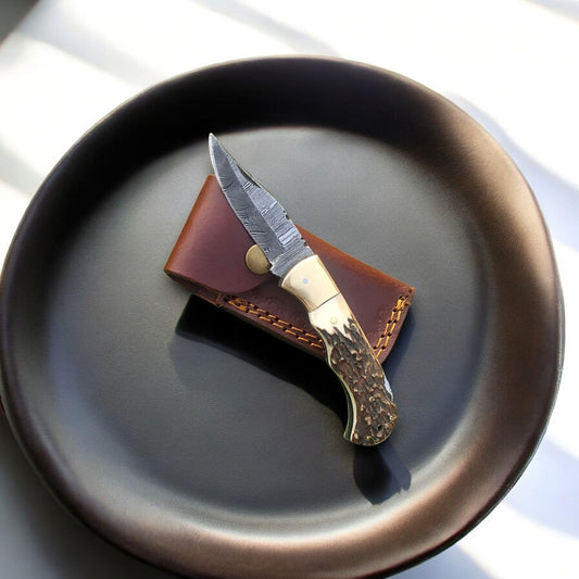 Folding Hunter Knife | Antler Horn Handle with Leather Case