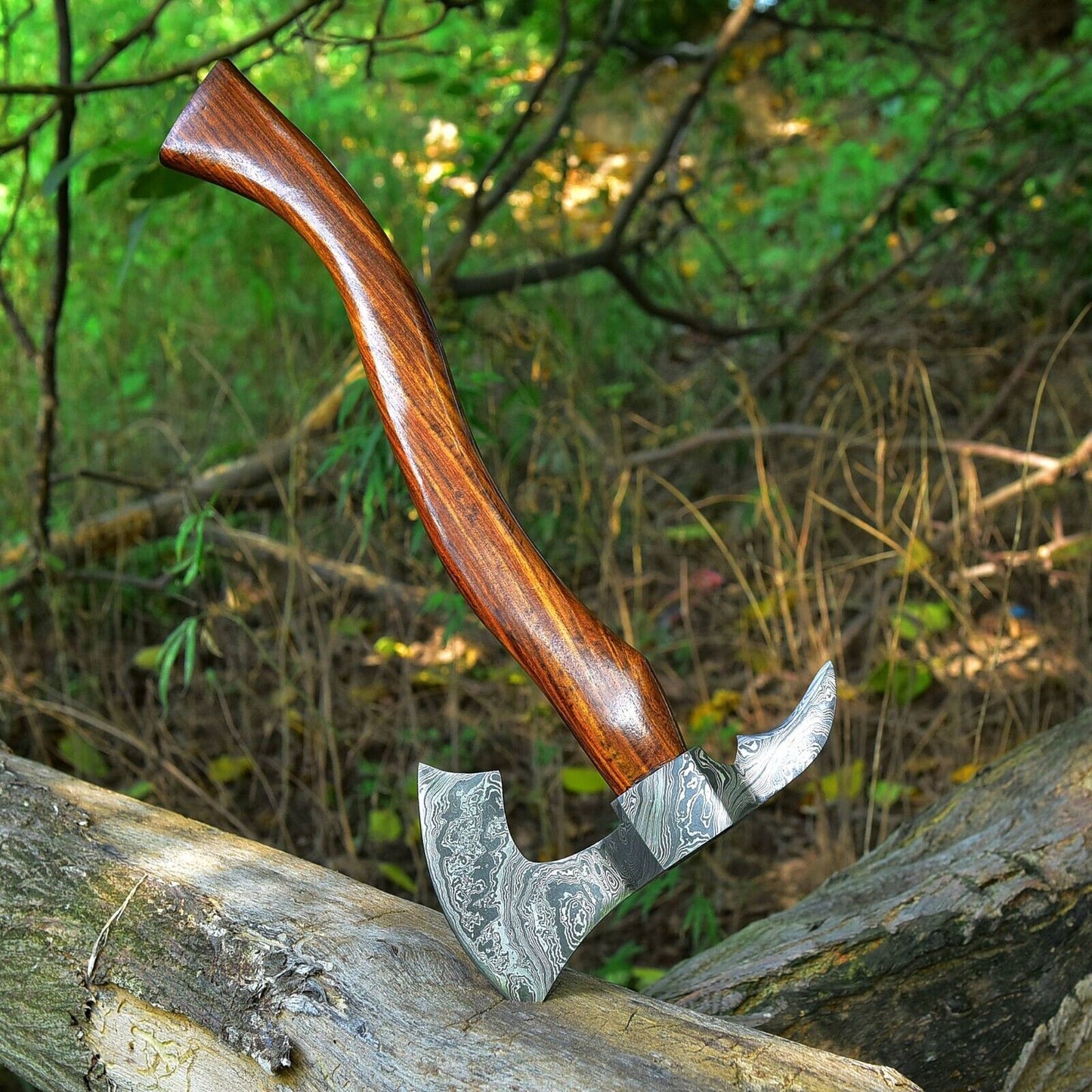 Tomahawk Axe with Custom Handmade Forged Damascus Steel Blade – "Rosewood Warrior"