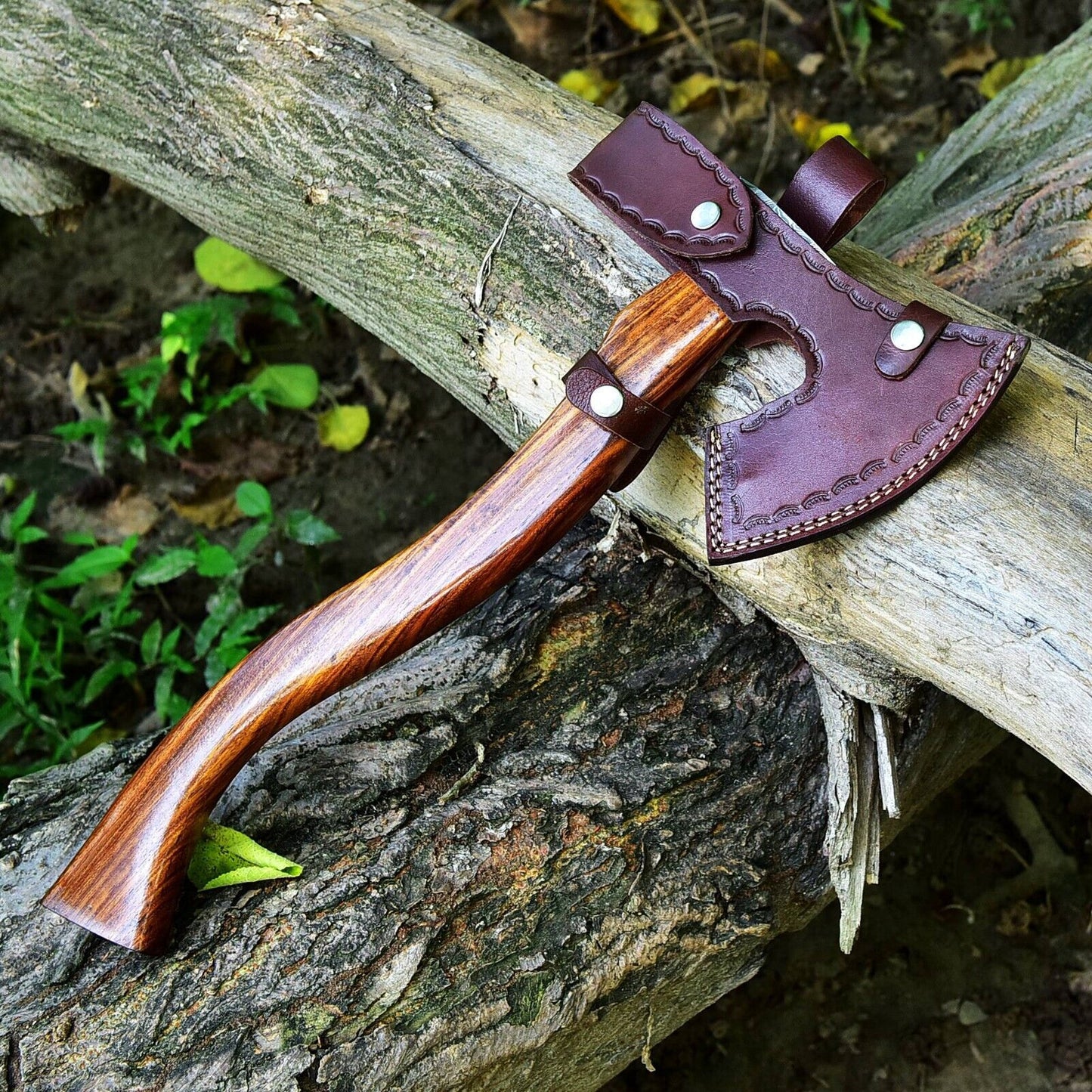 Tomahawk Axe with Custom Handmade Forged Damascus Steel Blade – "Rosewood Warrior"