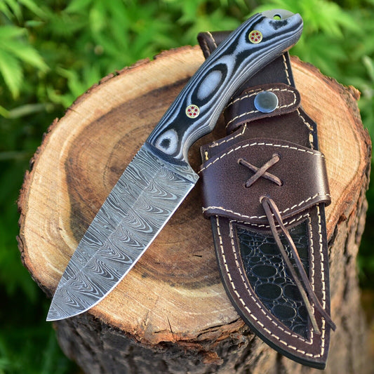 Wilderness Guardian: Hunting Knife with Twist Damascus Steel Blade, Micarta G10 Handle, and Leather Sheath