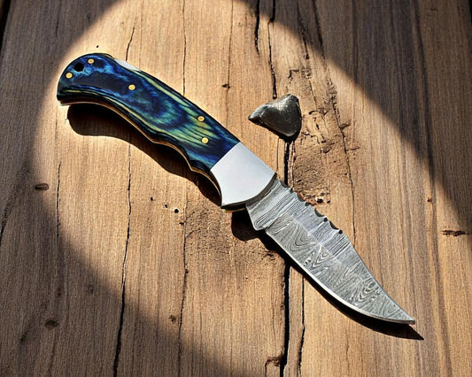 Handmade Damascus Pocket Knife with Exotic Wood Handle