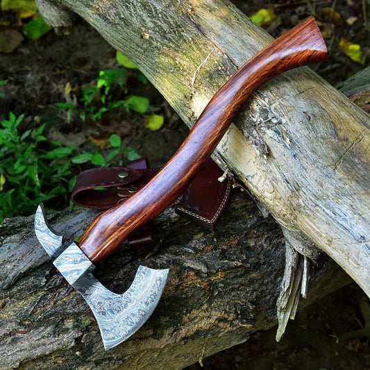 Tomahawk Axe with Custom Handmade Forged Damascus Steel Blade – "Rosewood Warrior"