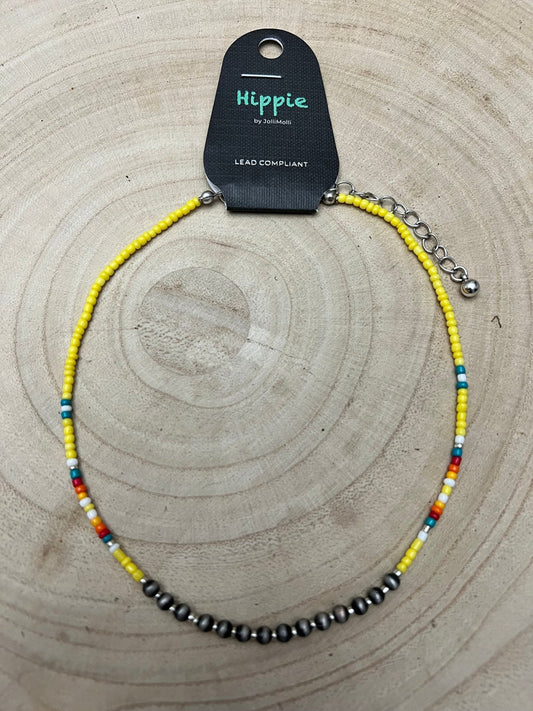 Western Seed Bead Choker with Faux Navajo Pearls — 13 Inch with Extender