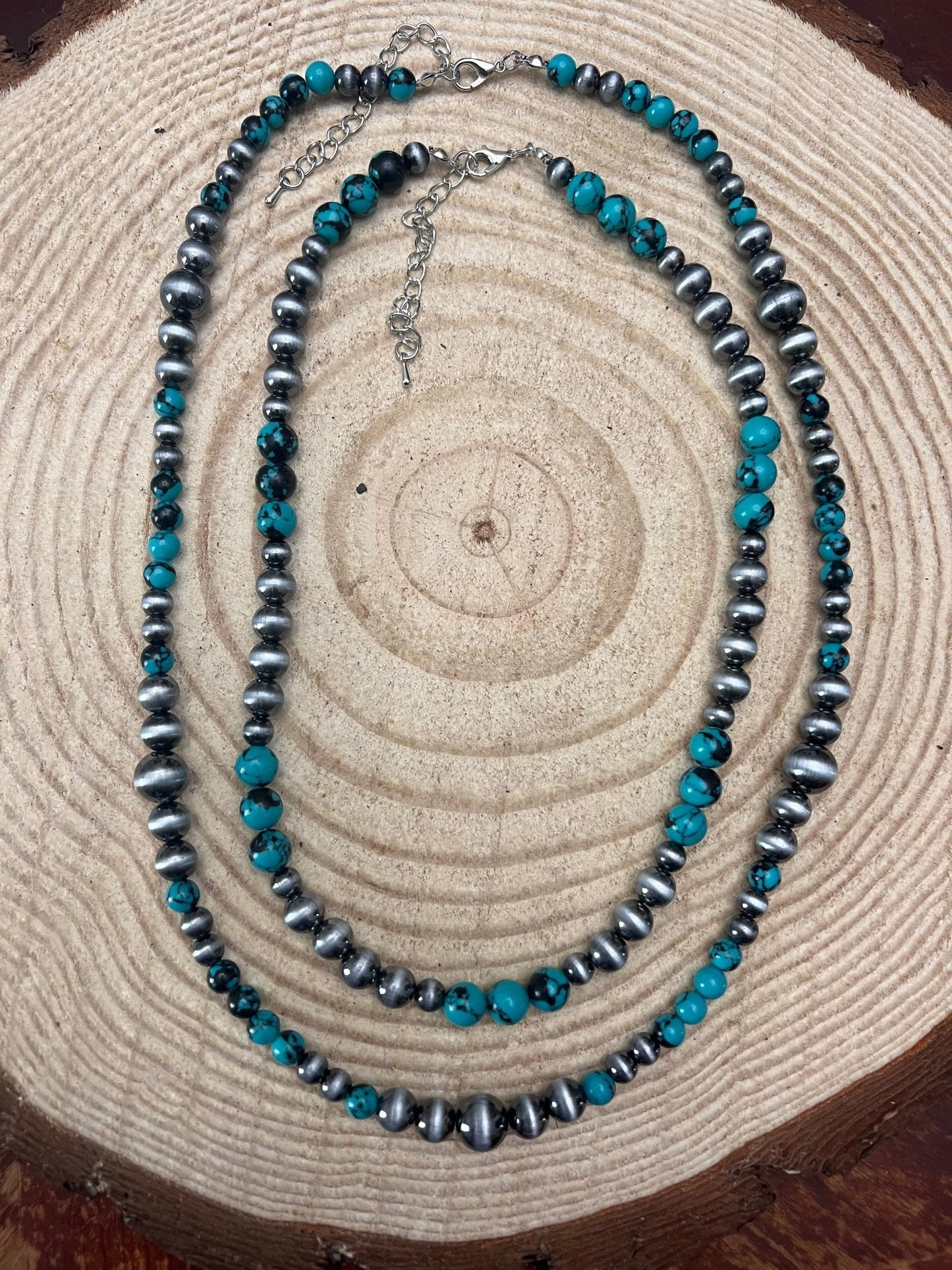 Desert Dream: Layered Western Fashion Pearl & Faux Turquoise Necklace Set (18" & 22")
