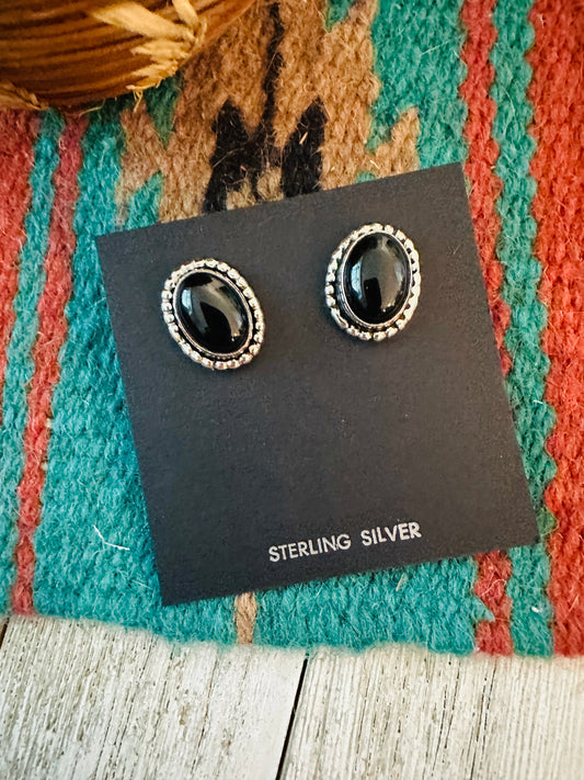 Navajo Onyx & Sterling Silver Post Earrings