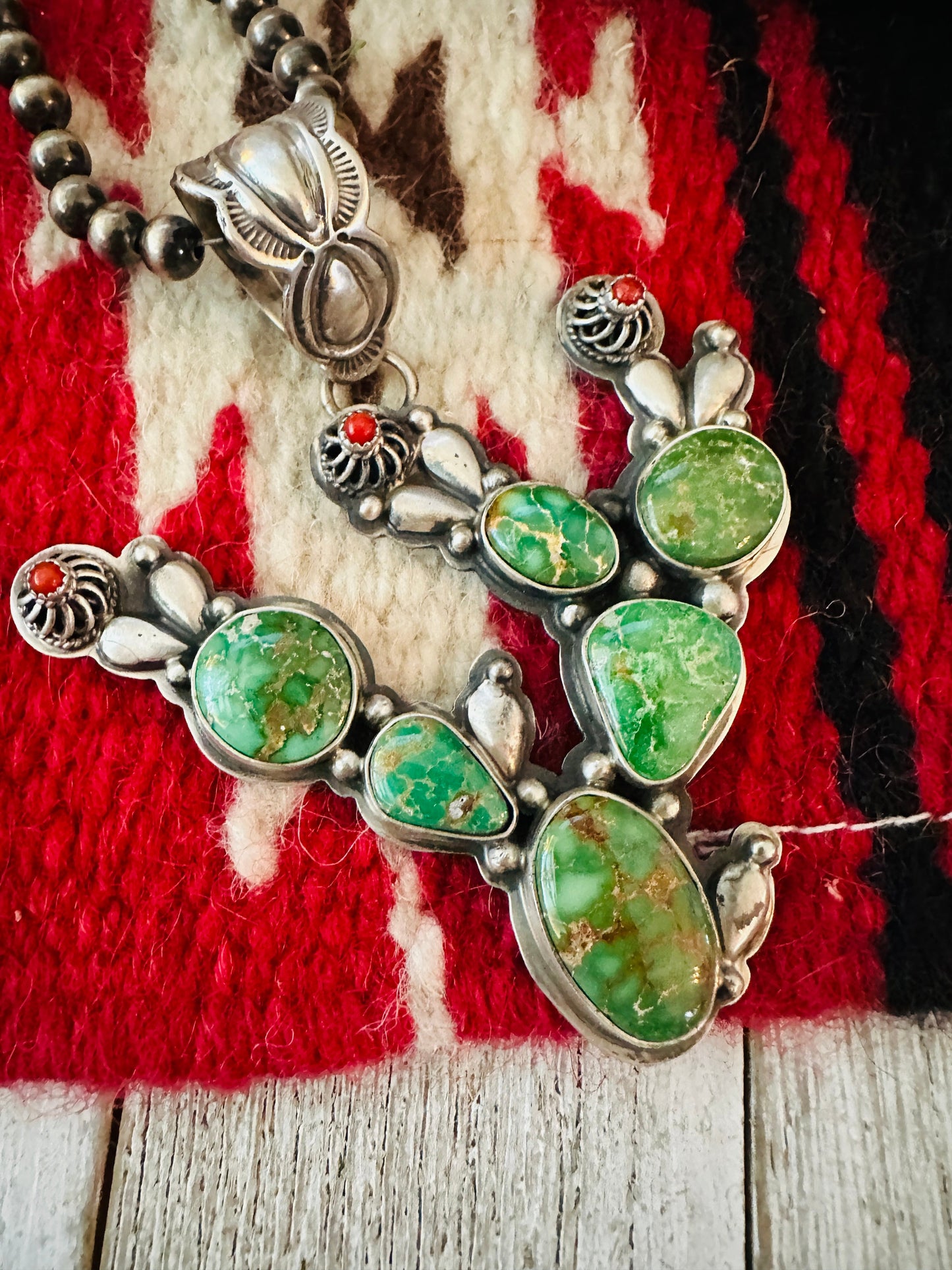 Navajo Turquoise, Coral and Sterling Silver Cactus Pendant by Charles Johnson