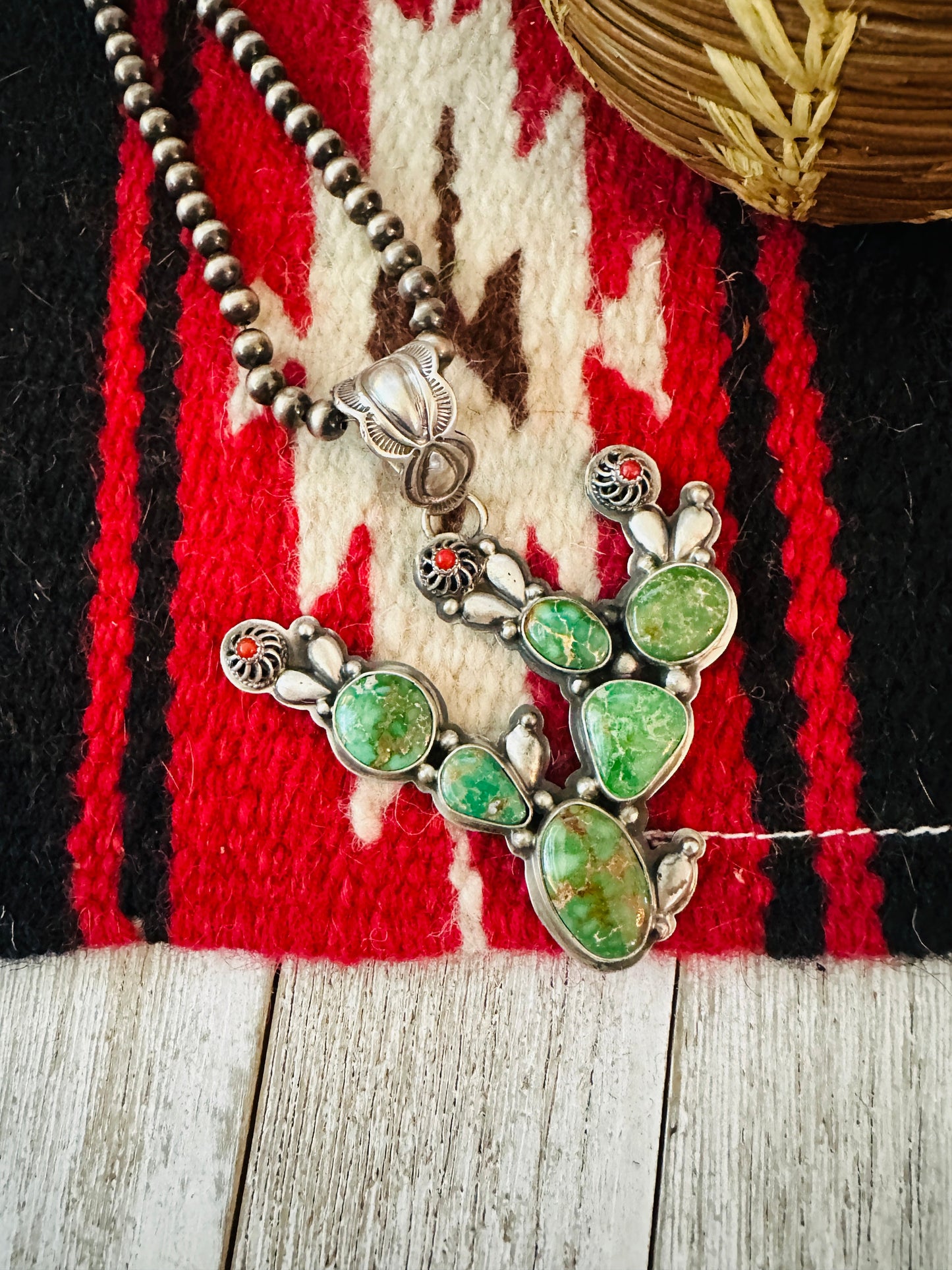 Navajo Turquoise, Coral and Sterling Silver Cactus Pendant by Charles Johnson