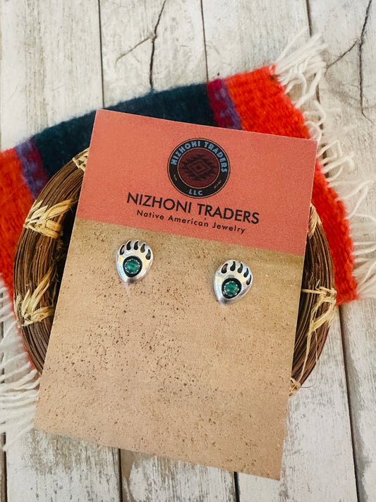 Navajo Malachite & Sterling Silver Bear Paw Stud Earrings