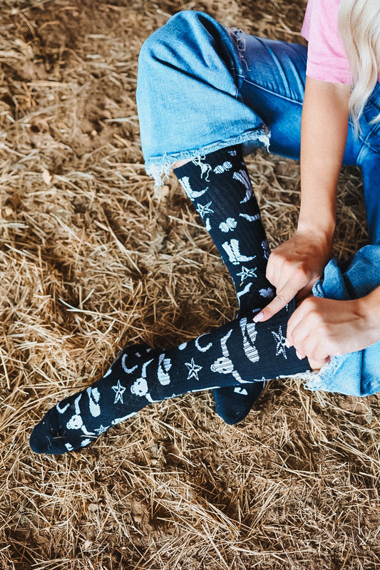 Get Western Black and White Performance Boot Socks