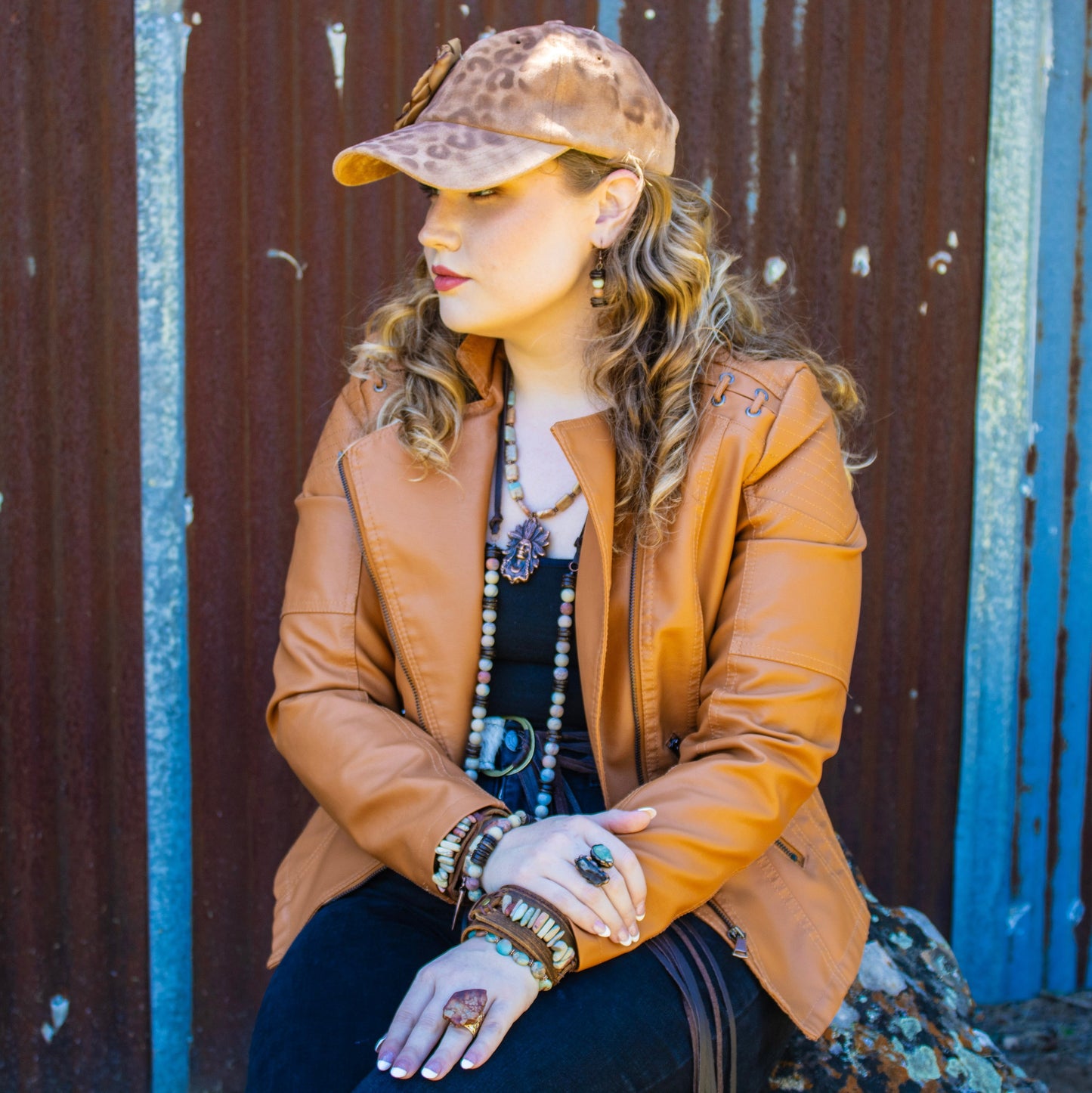 Genuine Leather Narrow Cuff with Aqua Terra Stones 005f