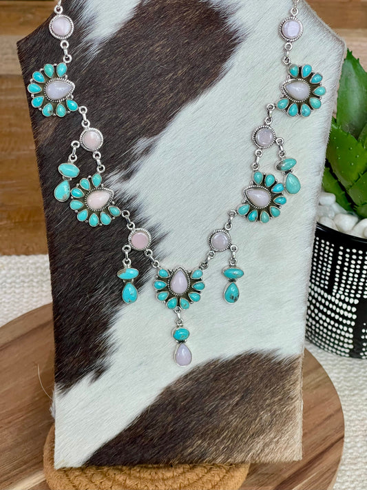Handcrafted Sterling Silver, Turquoise & Pink Conch Necklace