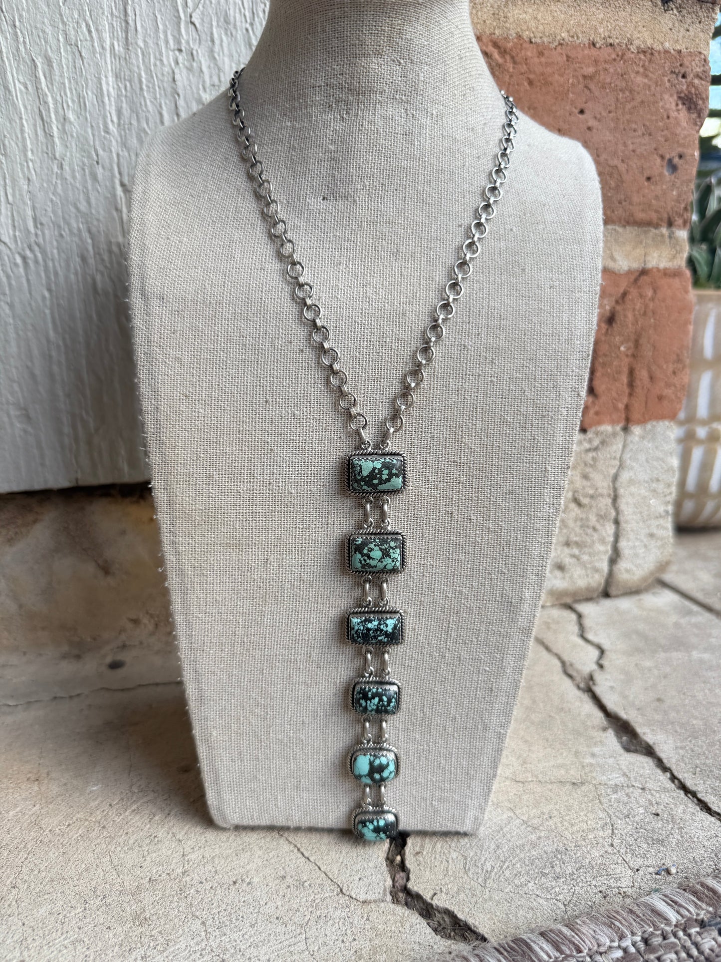 Handmade Sterling Silver & New Lander Turquoise Drop Necklace Signed Nizhoni