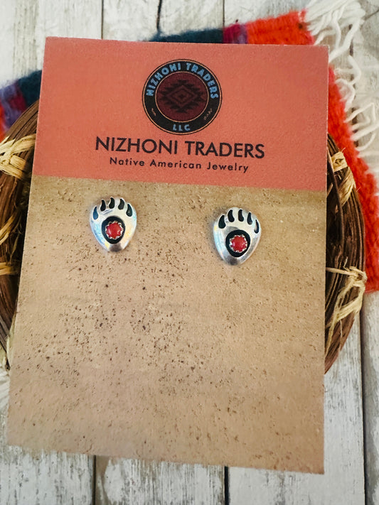 Navajo Coral & Sterling Silver Bear Paw Stud Earrings