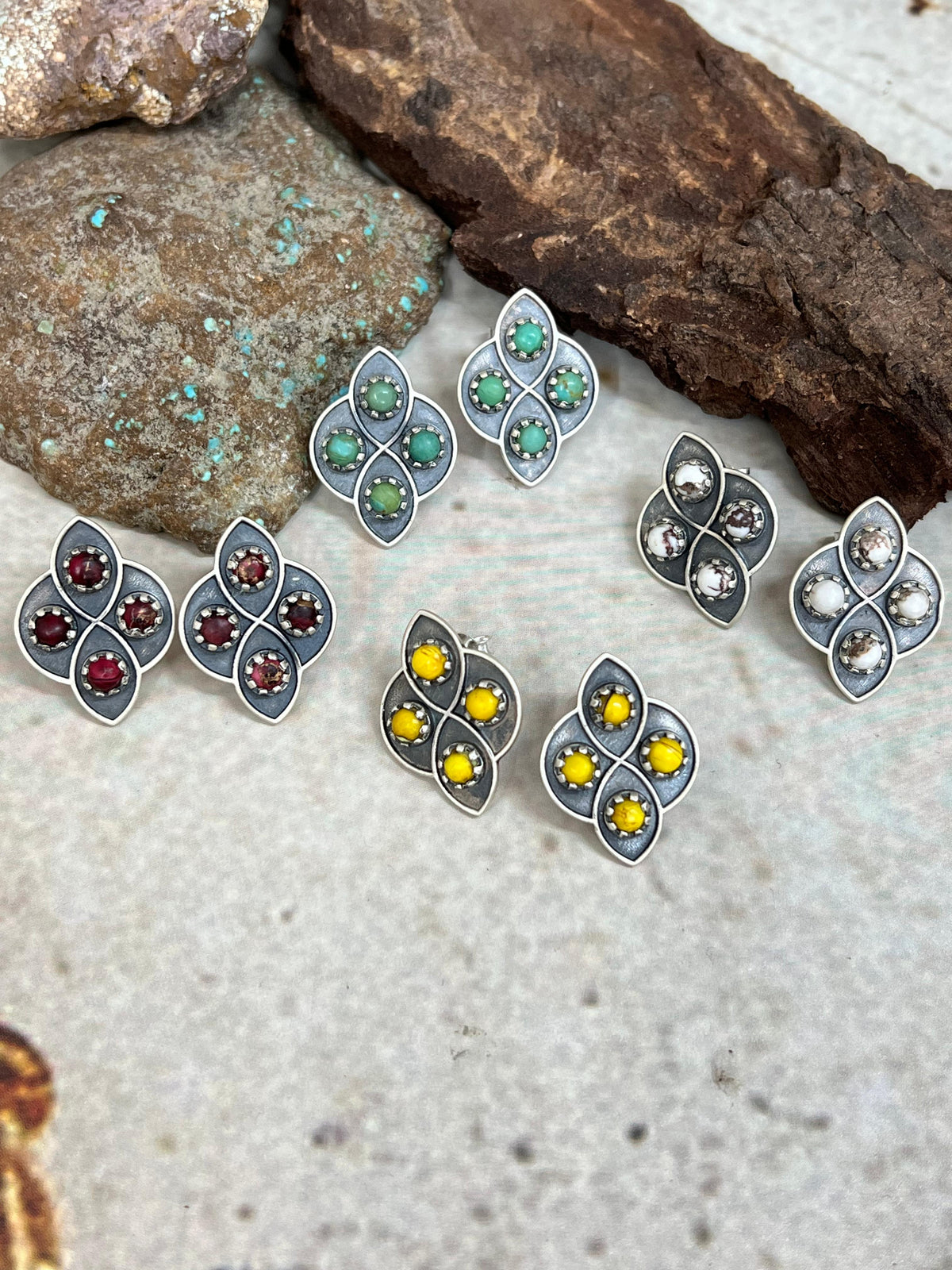 Handmade Sterling Silver Multi Stone Post Studs with Signed Nizhoni