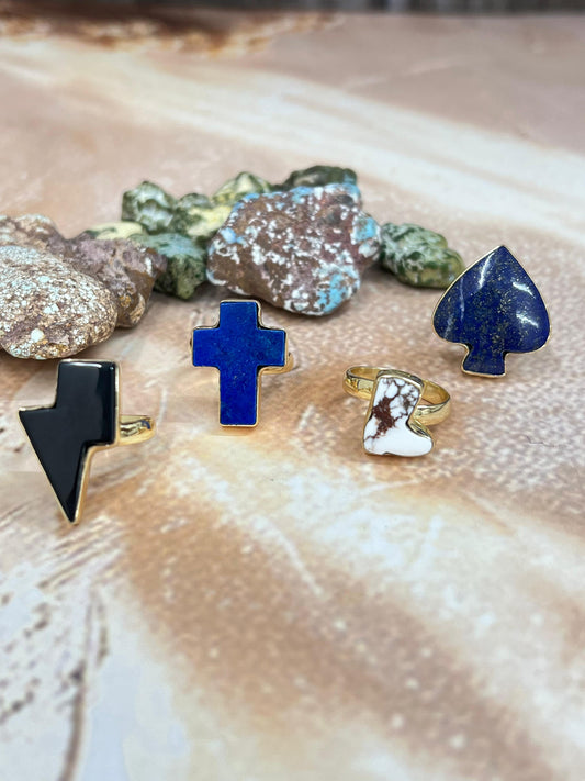 “The Golden Collection” Natural Wild Horse, Lapis, Black Onyx Adjustable Ring