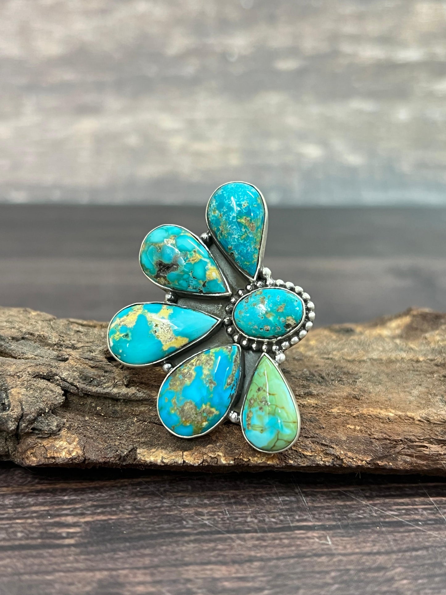 Handmade Sterling Silver South Hill Turquoise Adjustable Ring with Signed Nizhoni