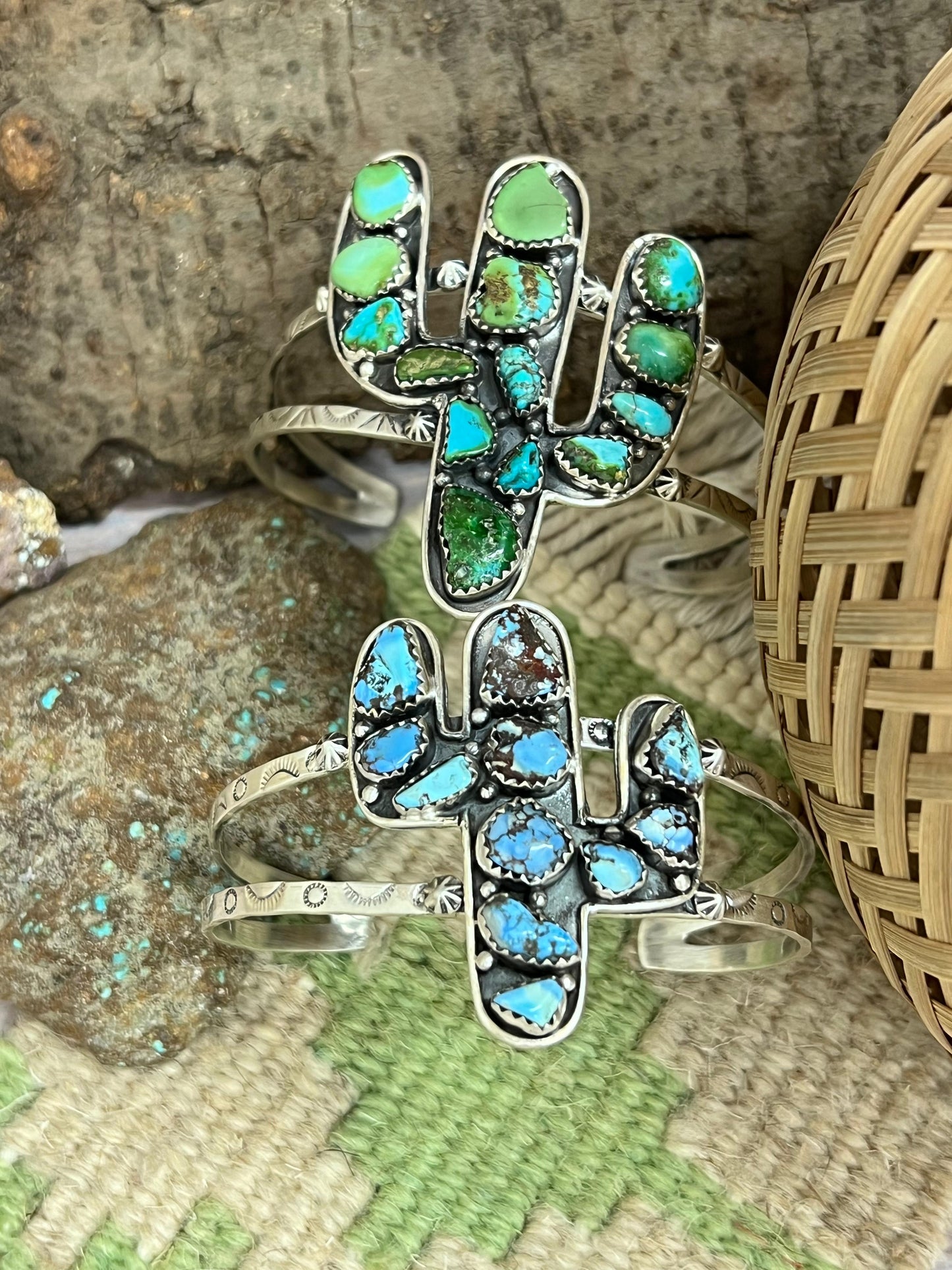 Handmade Sterling Silver Golden Hill, Sonoran Mountain Turquoise Cactus Bracelet with Signed Nizhoni