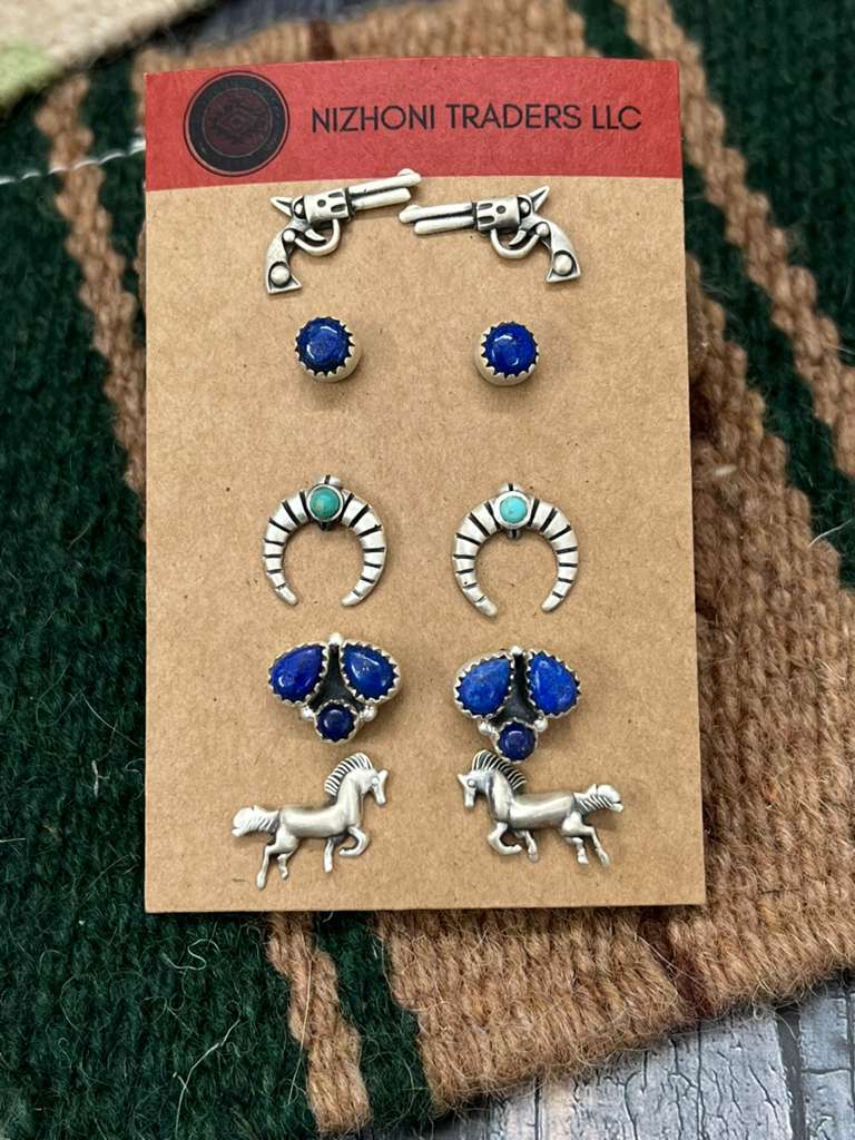 Handmade Sterling Silver Kingman Turquoise and Lapis Post Studs (Card) with Signed Nizhoni