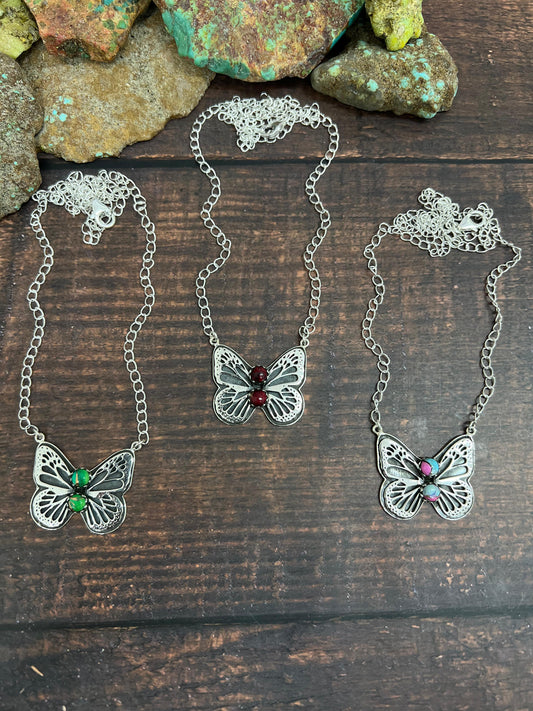 Handmade Sterling Silver Peacock Dahlia, Dahlia Rose, Cotton Candy Necklace with Signed Nizhoni