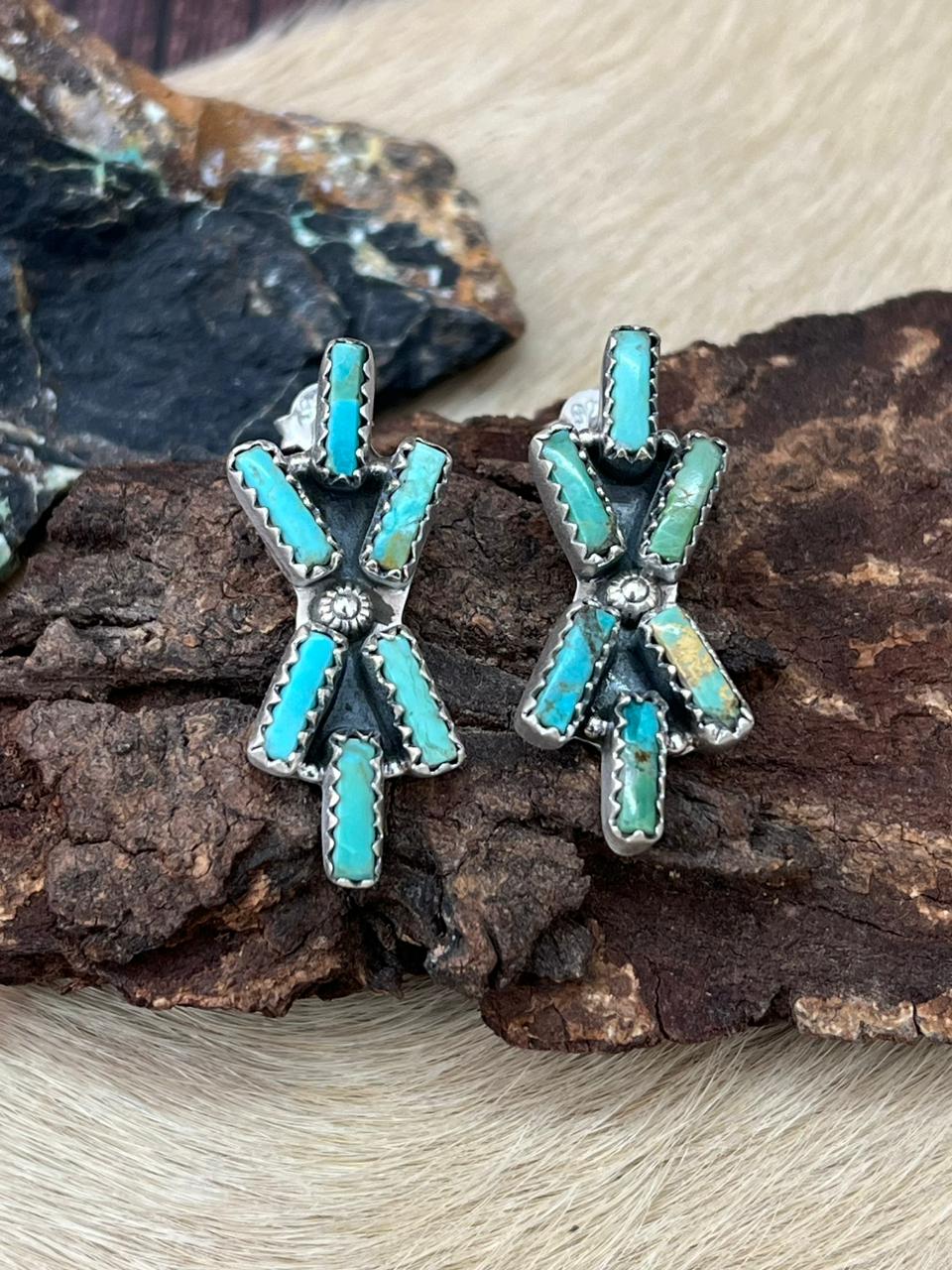 Handmade Sterling Silver Kingman Turquoise Studs Earrings "Signed Nizhoni"