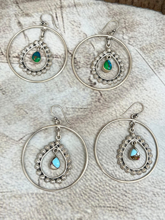 Handmade Sterling Silver Peacock Dahlia, Cotton Candy Turquoise Hoop Earrings with Signed Nizhoni (5)