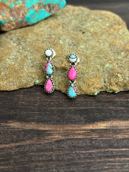 Handmade Sterling Silver Cotton Candy Turquoise Dangle Earrings with Signed Nizhoni