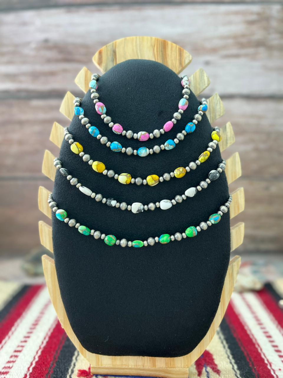 Handmade Sterling Silver Multistone Beaded Necklace "Signed Nizhoni"