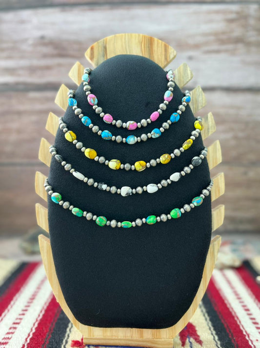 Handmade Sterling Silver Multistone Beaded Necklace "Signed Nizhoni"