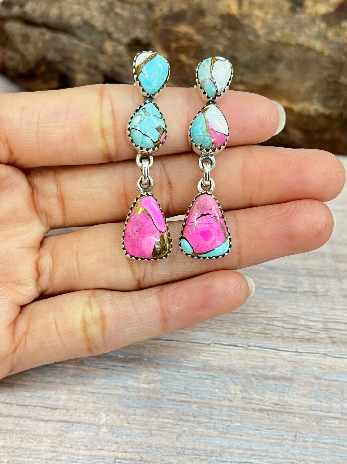 Handmade Sterling Silver Cotton Candy Turquoise Dangle Earrings with Signed Nizhoni