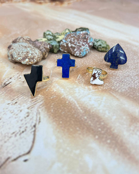 “The Golden Collection” Natural Wild Horse, Lapis, Black Onyx Adjustable Ring
