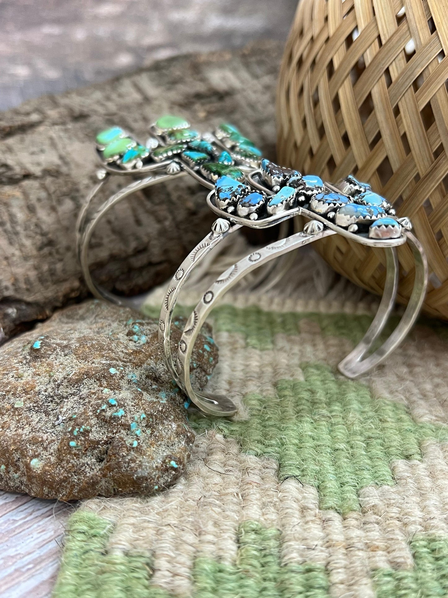 Handmade Sterling Silver Golden Hill, Sonoran Mountain Turquoise Cactus Bracelet with Signed Nizhoni