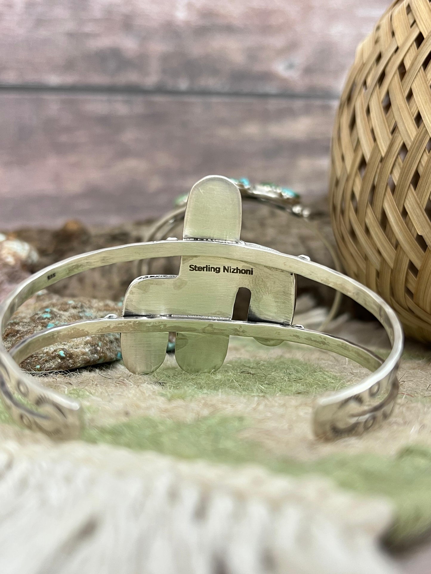 Handmade Sterling Silver Golden Hill, Sonoran Mountain Turquoise Cactus Bracelet with Signed Nizhoni