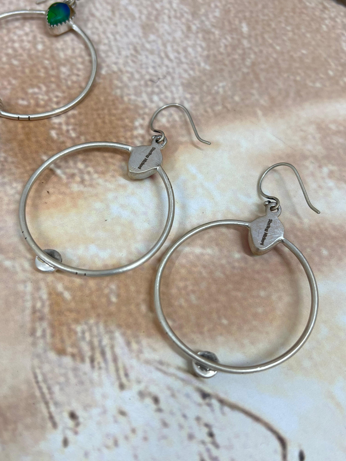 Handmade Sterling Silver Peacock Dahlia, Cotton Candy Turquoise Hook Earrings with Signed Nizhoni
