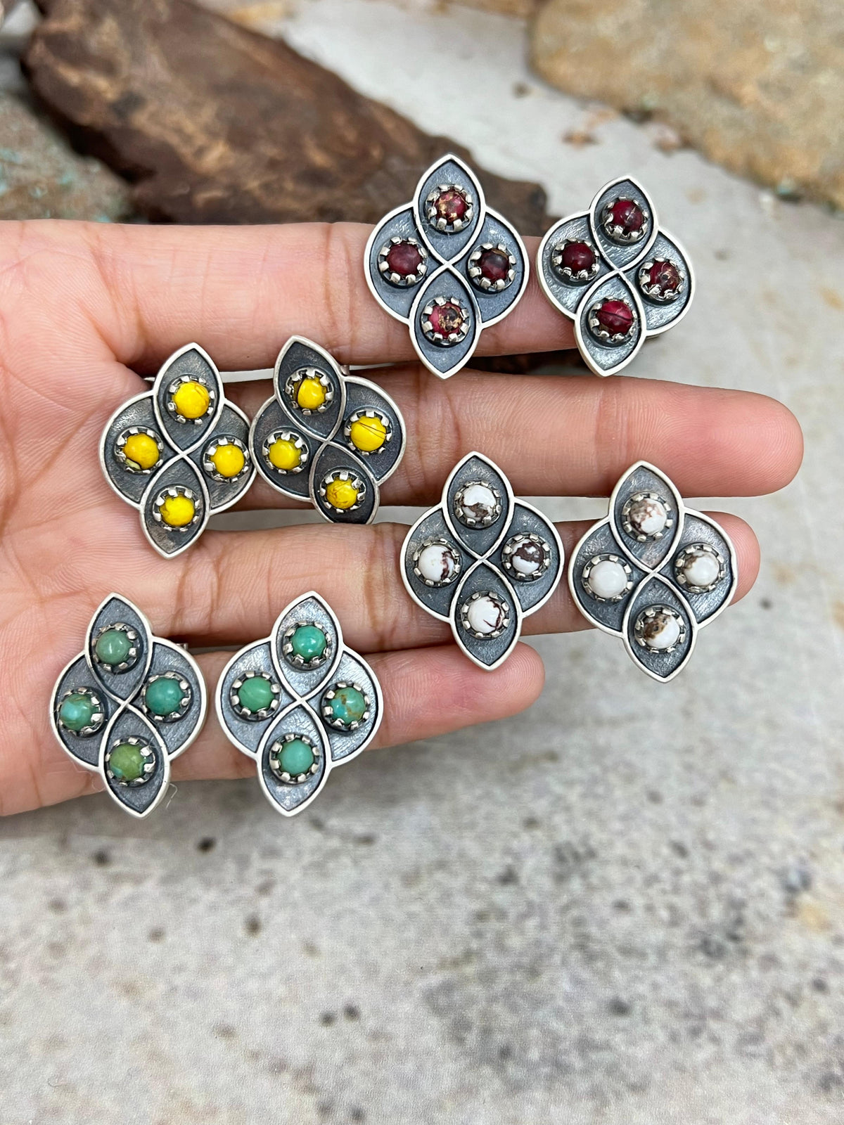 Handmade Sterling Silver Multi Stone Post Studs with Signed Nizhoni