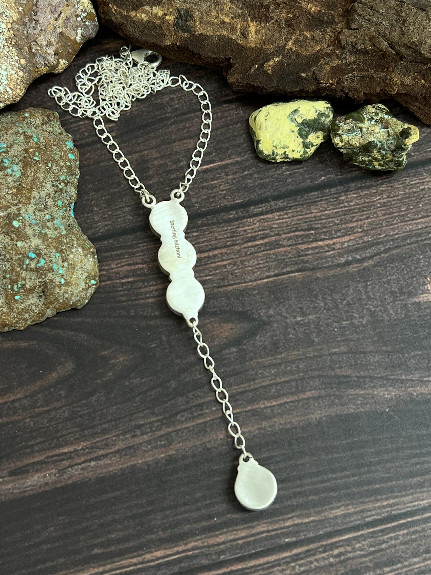 Handmade Sterling Silver Kingman Turquoise Necklace with Signed Nizhoni