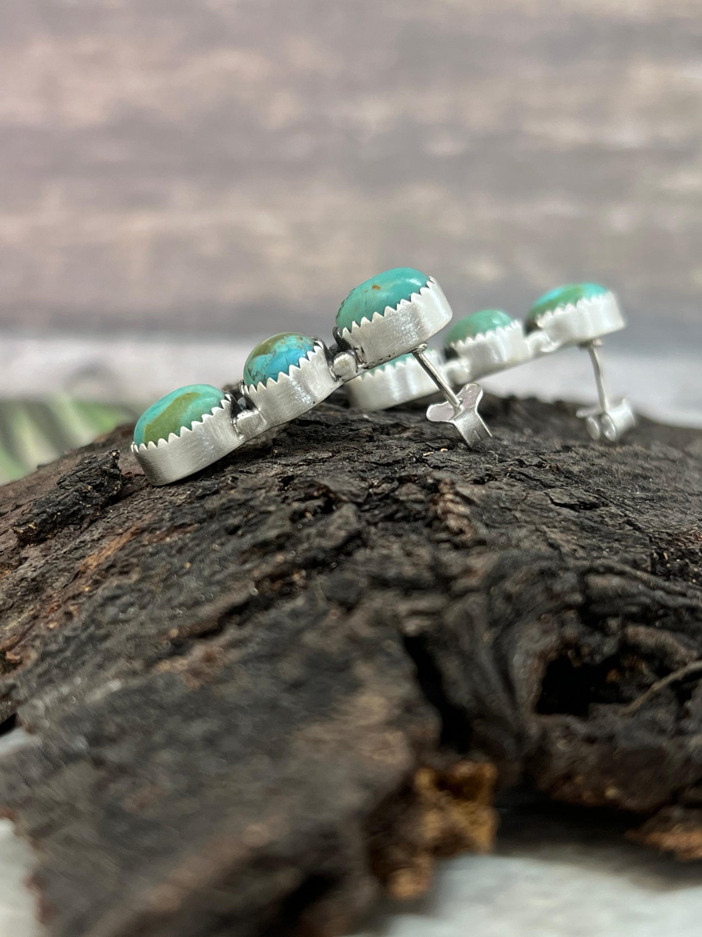 Handmade Sterling Silver Kingman Turquoise Post Dangle Earrings, Signed Nizhoni