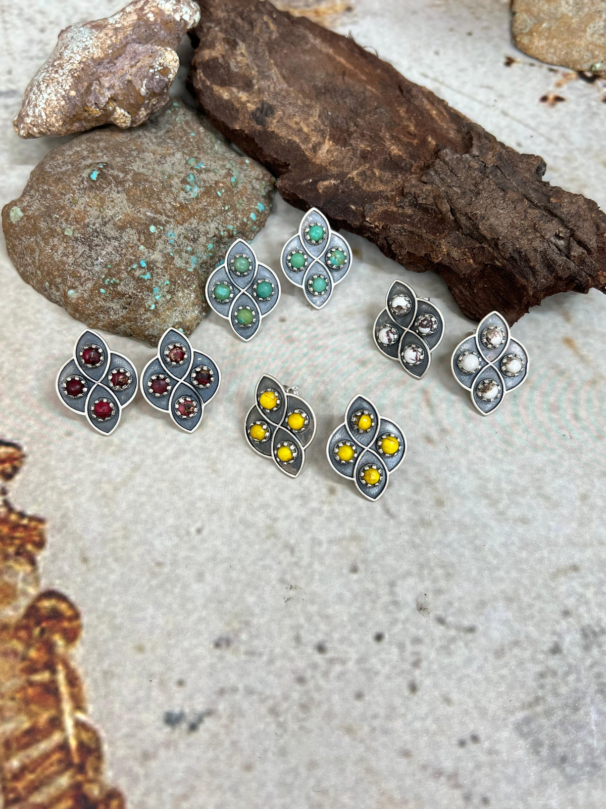 Handmade Sterling Silver Multi Stone Post Studs with Signed Nizhoni