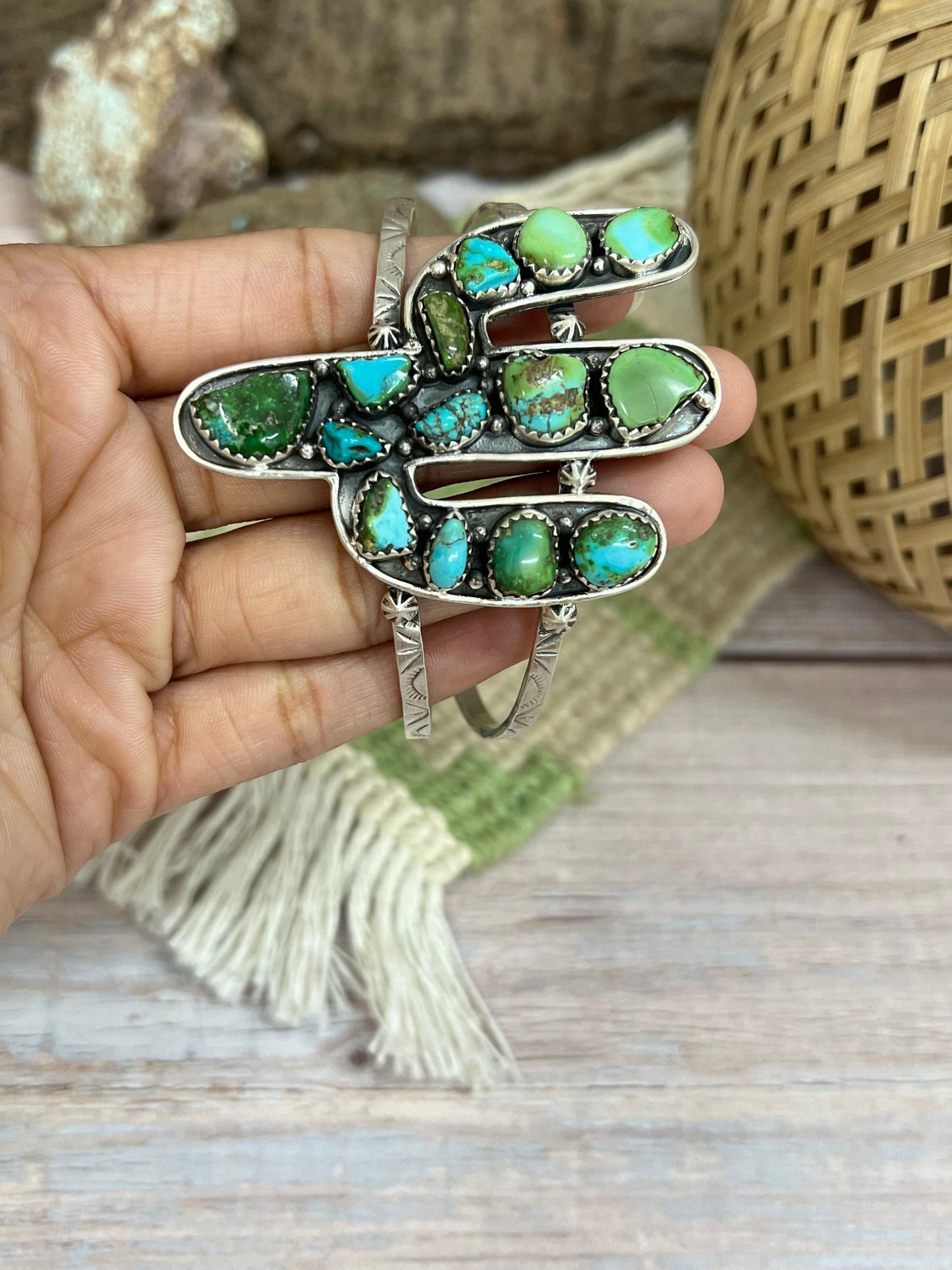 Handmade Sterling Silver Golden Hill, Sonoran Mountain Turquoise Cactus Bracelet with Signed Nizhoni