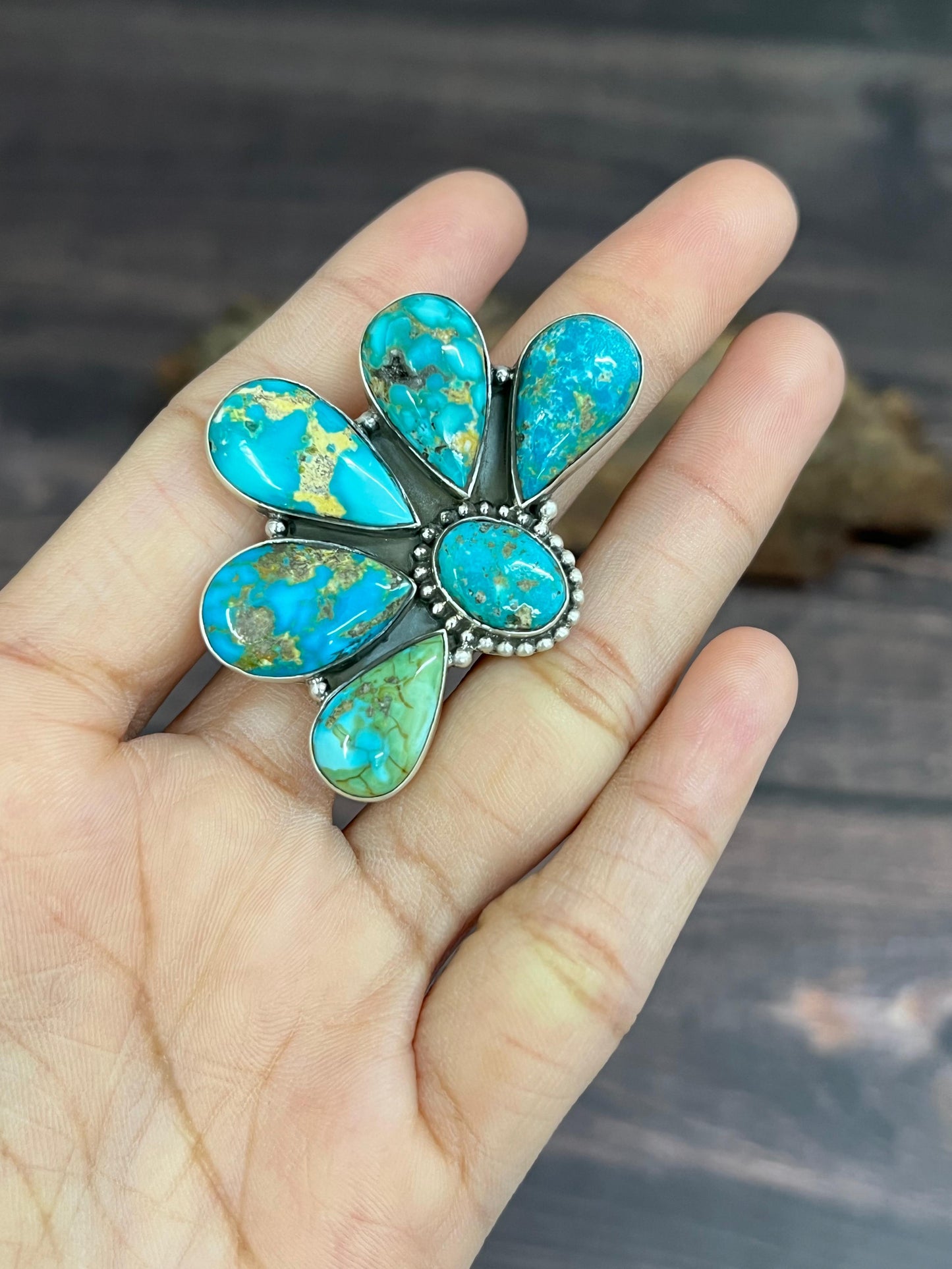 Handmade Sterling Silver South Hill Turquoise Adjustable Ring with Signed Nizhoni