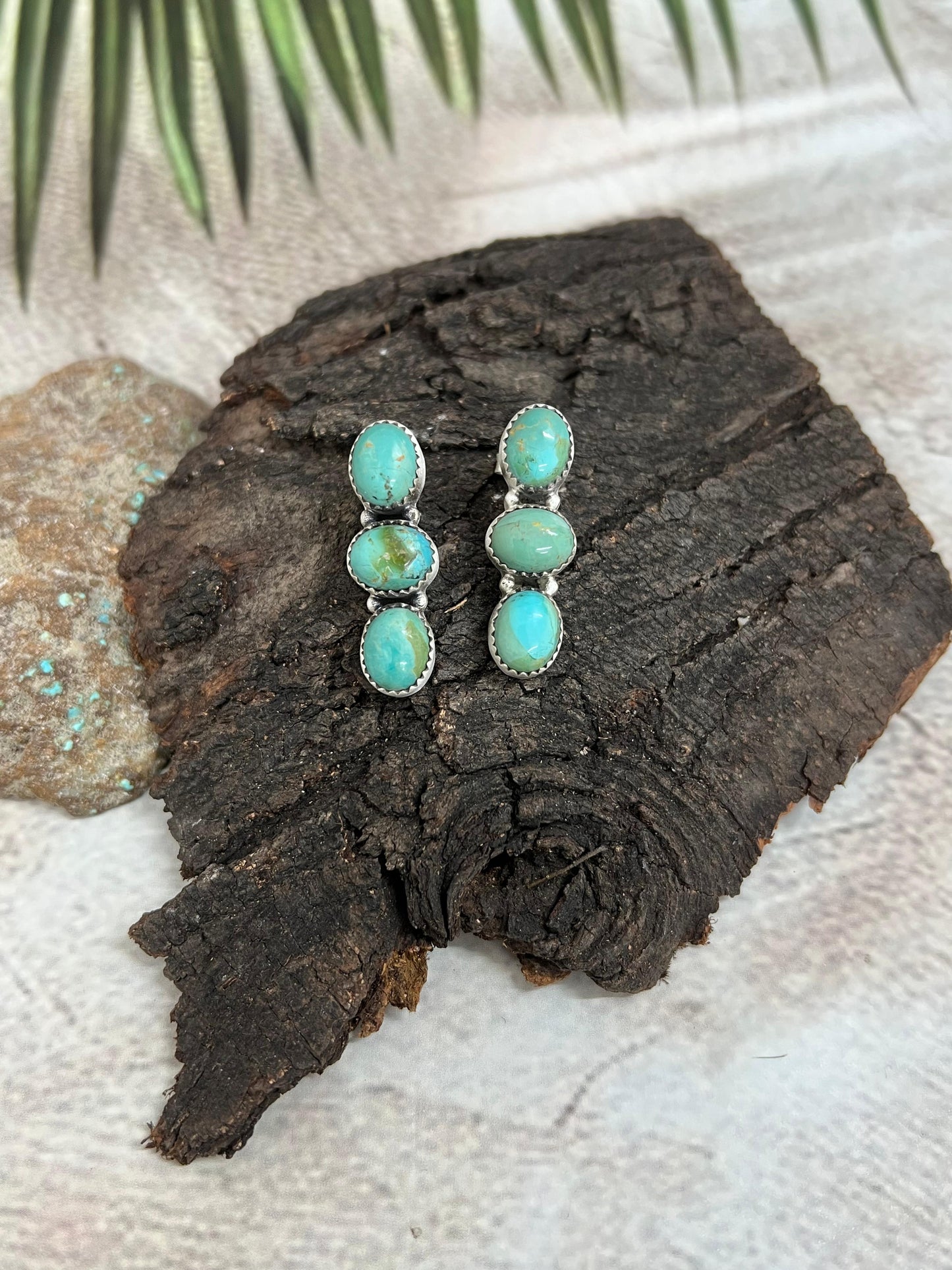 Handmade Sterling Silver Kingman Turquoise Post Dangle Earrings, Signed Nizhoni
