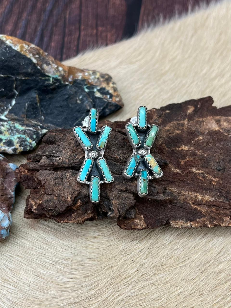 Handmade Sterling Silver Kingman Turquoise Studs Earrings "Signed Nizhoni"