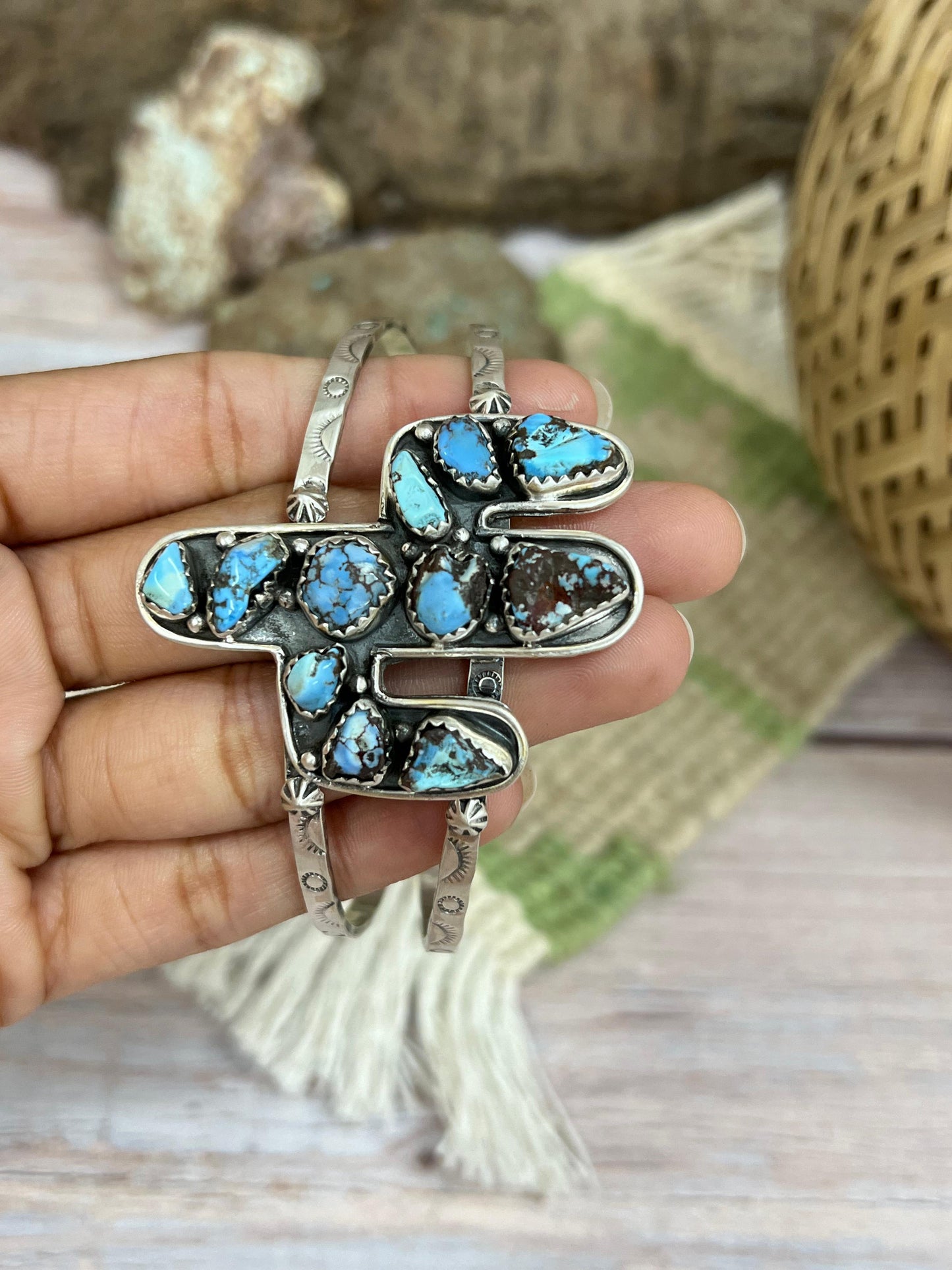 Handmade Sterling Silver Golden Hill, Sonoran Mountain Turquoise Cactus Bracelet with Signed Nizhoni