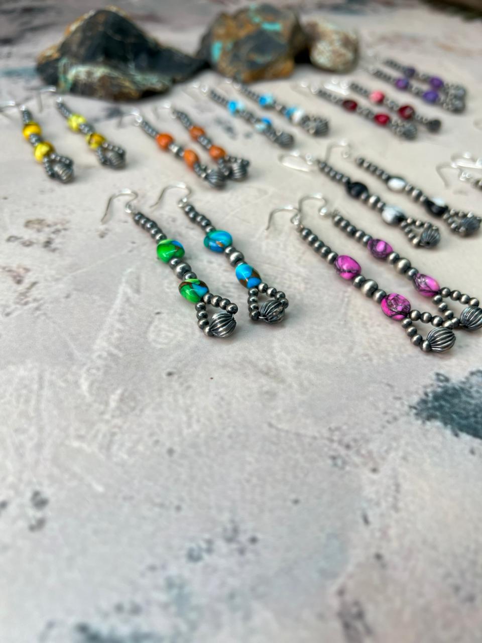 Handmade Sterling Silver Multistone Beaded Dangle Earrings "Signed Nizhoni"