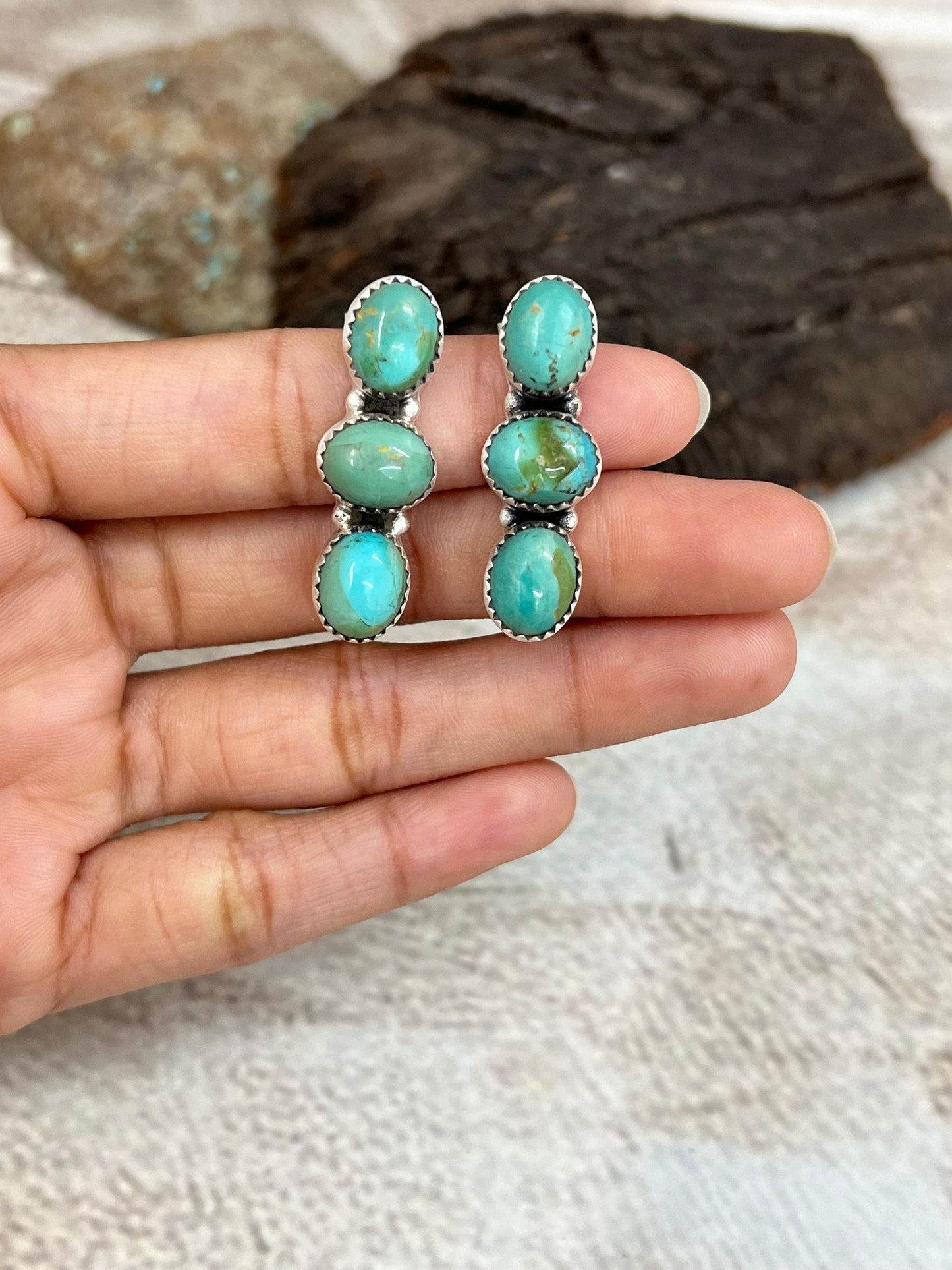 Handmade Sterling Silver Kingman Turquoise Post Dangle Earrings, Signed Nizhoni